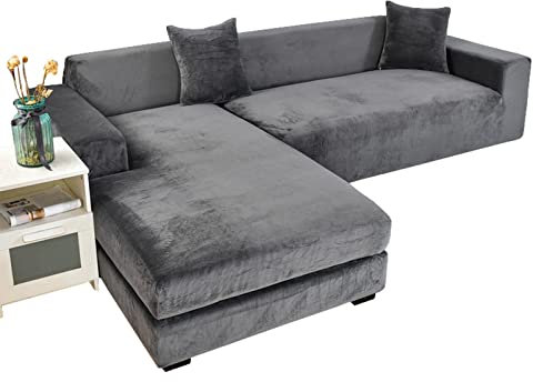 GUYIRT Strecken Sofabezug L Form Samt, L Form Sofa überzug 2 Stück Couchbezug L Form Weicher Möbelschutz Mit Elastischem Boden Für Hunde Und Katzen -dunkelgrau-3+3 Sitzer