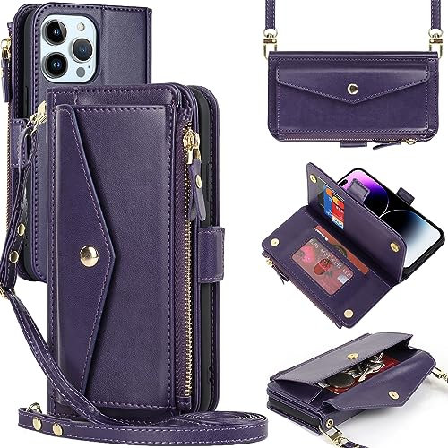 ZOUZT for iPhone 14 Pro Max Wallet Case for Women, Purse with Credit Card Holder Slots Crossbody Lanyard Strap Zipper Flip Book Shockproof Protective Phone Cover for Apple 14 Pro Max 6.7 Inch (Purple)