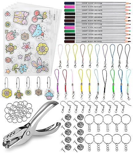 FAOKZE 195 Stück Schrumpffolie Set,21 Stück Schrumpffolie zum Basteln,Inklusiv A4 Schrumpfpapier,Schlüsselanhänger,Bleistifte,Kugelketten,Ohrhaken,Locher,für DIY,Schrumpffolien Set für Kinder