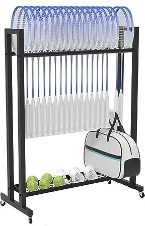 Badmintonschläger Halterung Tennisschläger Halter Boden Tennisschläger Halter, Badmintonschläger Aufbewahrungsregal Tischtennisschläger-Halter, Tennis Ball/ Tasche Aufbewahrungskorb, Hält 20-25 Schläg
