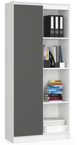 AKORD Büro-Bücherregal 80cm | 8 Einlegeböden | für Schrank Wohnzimmer Schlafzimmer Bücherregale|Standregal Holzregal Regal | 80x35x180 cm | Laminierte Platte 16 mm | Farbe Weiß/Graphitgrau