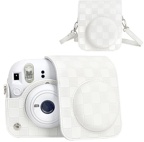HIYQIN Housse pour Appareil Photo Instantané Fujifilm Instax Mini 12, Sac de Transport Style Damier pour Polaroid Instax Mini 12 avec Sangle – Blanc