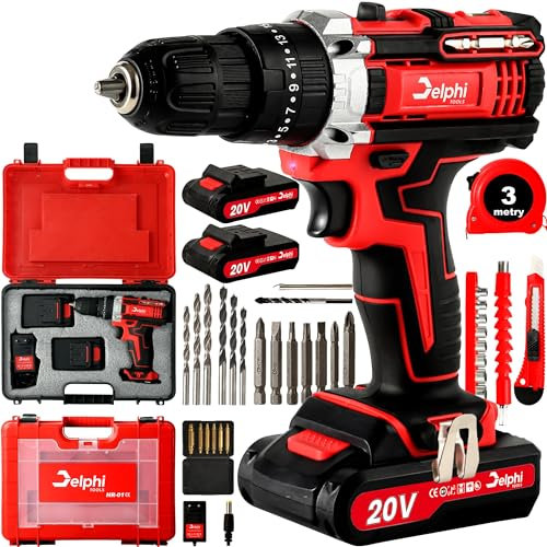 DELPHI 20V Akkuschrauber Set Akku Bohrschrauber - 2 Akkus 1.5Ah 50Nm 2 Gang 25 Drehmomentstufen LED Licht - 34 Teiliges Zubehöre Akku-Bohrschrauber Drill Set mit Koffer für Heimwerkerprojekte