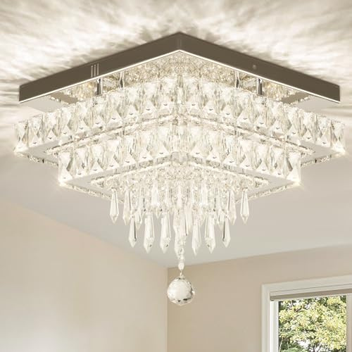 Finktonglan Lampadario in cristallo, 33 cm, moderna lampada da soffitto a LED, 2500 K/4500 K/6500 K, lampada da soffitto quadrata, per sala da pranzo, camera da letto, soggiorno (multicolore)