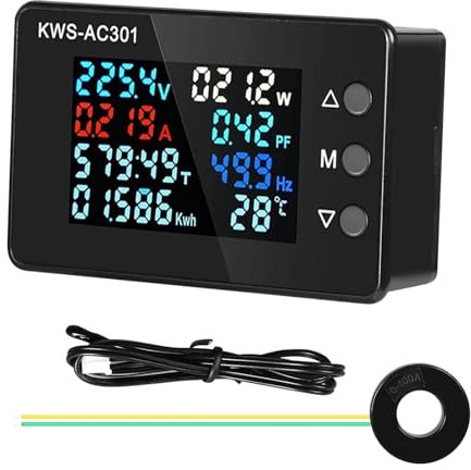 DEWIN Digital Electricity Meter, 8 in 1 Multimeter KWS-AC301 0-100A Voltmeter Ammeter Wattmeter Energy Meter 50-300V with Closed Type Transformer and Temperature Sensor