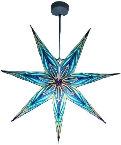 Yepsio Abat-Jour Lanterne étoile en Papier à 7 Branches, Grandes étoiles de 60 cm, décorations à Suspendre pour Noël, Mariage, décoration de la Maison, fête d'anniversaire, étoiles (Bleu Paille