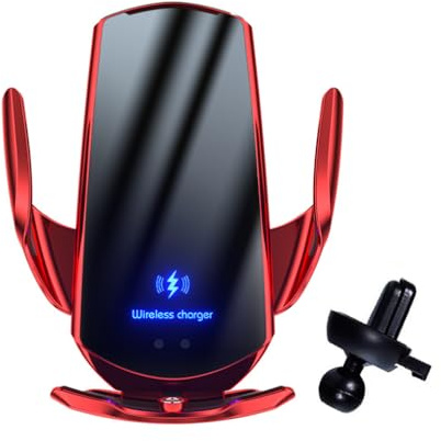 Kabellos aufladbarer Telefonhalter, 15W Handyhalterung Auto mit Ladefunktion, 360° Drehbar Handyhalterung, Fast Wireless Charger, Induktive Ladestation Auto Kfz Handy Halterung für Lüftung (Rot)