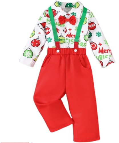 Yaopelky Vestito di Natale per bambino Abito da bambino Set di camicie con papillon e pantaloni con bretelle Completi da gentiluomo 1-10 anni