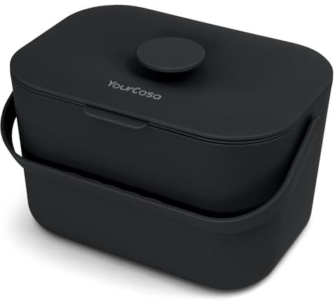 YourCasa Kitchen food waste bin caddy with ergonomic handle - countertop small compost counter with lid trash can - 5L - Dishwasher Safe - Odour Proof - Inner Sieve indoor recycling composter (Black)