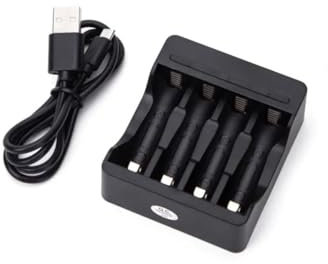 Chargeur de Piles Rechargeables 4 (AA/AAA), Couleur Noire, avec indicateur LED, Compatible avec Divers appareils électriques, idéal pour Un Usage Domestique.
