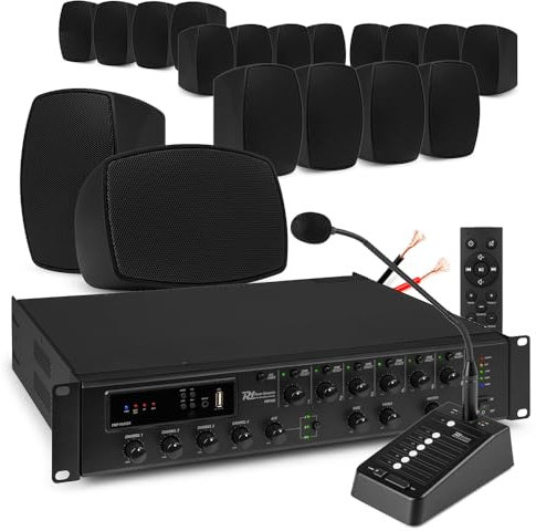 Power Dynamics 18x PD BHW50BK 5.25 Wall Mount Speaker System with 6-Zone Paging Mic, Multi Zone Amplifier, Bluetooth, USB, Commercial Wall Mount Audio System for Indoor/Outdoor Use
