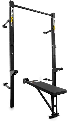 K-Sport: *BLACK LINE* Wall Rack mit KLAPPBARER Hantelbank| faltbare Wall Rack bis 350 kg belastbar | Premium Langhantelablage mit klappbarer Hantelbank bis 275kg belastbar I Komplettes Set für Homegym