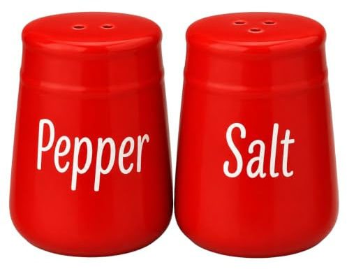 Red Ceramic Salt and Pepper Shaker Set, 2 Ounce Capacity Each, Salt and Pepper Printed, Dishwasher Safe by Dependable Industries