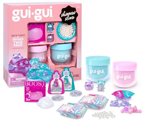 Exklusivt Gui Gui Shimmer Deluxe Duo-pack, med 2 skimrande slimes, pärlförstärkare och 2 lysande och avslutande beröringspåsar, jämnar upp dina slimes med en stor glans