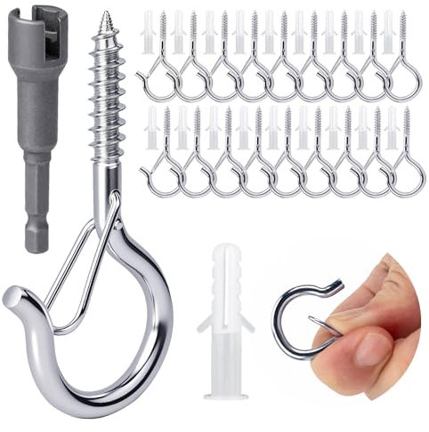 KINGLAKE Screw in Hooks, 30 Pcs Q Hanger Hooks for Outdoor Christmas String Light, Safety Buckle, Fence Celling Silver Screw Hook for Wood Wall Hanging Fairy Lights Plants Bird Feeders Cups