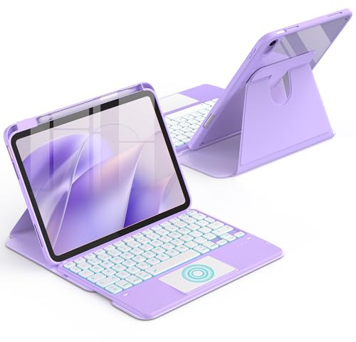 CACOE 360° Hülle mit Tastatur für iPad (A16) 11/10 Generation mit Touchpad | 360°Drehung Hülle mit QWERTZ Tastatur für (11/10.9 Zoll) 2025/2022, 7-Farbige Beleuchtung Abnehmbare Kabellose, Hellviolett