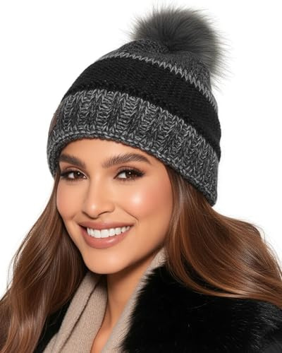 Baesics Bommelmütze Damen Herren - Wintermütze Kunstfell Bommel warm | Mit flauschigem Pompon und weichem Fleecefutter, Größe ca. 54-58 cm, Strick aus der EU. Warm für Herbst, Winter und als