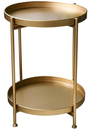 Gold Runder Beistelltisch - 2-stöckiger Metall Snacktisch Couchtisch Beistelltisch für Wohnzimmer, Schlafzimmer, Balkon, Terrasse - Stilvolles modernes Design, vielseitige kleine Möbel