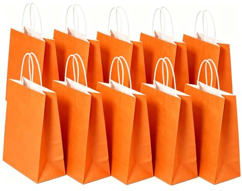 SHUBEIEUMI Paquete de 10 Bolsas de Regalo-Naranja | Bolsas de Papel Kraft con Asa, 21 x 15 x 8 cm, Reutilizables Bolsas de Regalo para Embalaje Fiestas de Cumpleaños Bodas