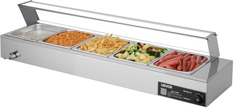 VEVOR Chauffe-Plat Électrique à Vapeur 1500 W, Buffet Chauffant en INOX, Bain-Marie de Comptoir, avec 5 Bacs Gastros de 1/2 et Capot en Verre, pour Servir Buffet en Libre-Service Restauration