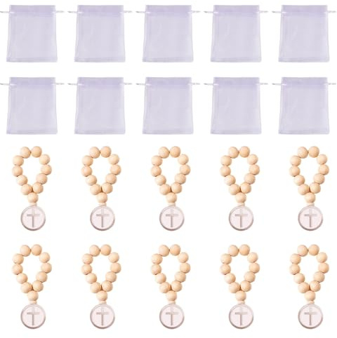 NVOQILIN Holzperlen-Rosenkranz-Armbänder mit Kruzifix, Erstkommunion, Rosenkranz mit Organza-Beuteln, Taufgeschenk, katholisch, Unisex
