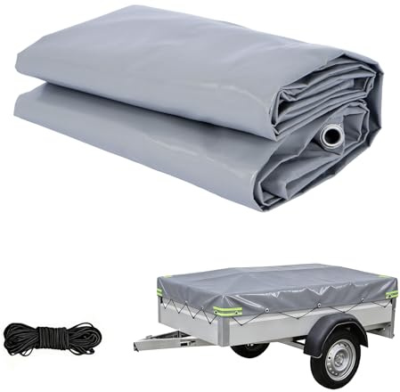 Anhängerplane 258x136x10 cm - Extra Stark 500g/m² PVC LKW-Plane - Wasserdicht & Reißfest - Grau - Mit 4X Reflektorstreifen, Alu-Ösen & 6mm Expanderseil - Profi Abdeckplane für PKW Anhänger