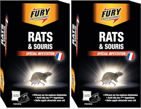 FURY - Sachets contre rat et souris - Efficace sur les espèces résistantes - Actif dès les 1ères ingestions - Pré dosés - 7x20g- fabrication française (Lot de 2)