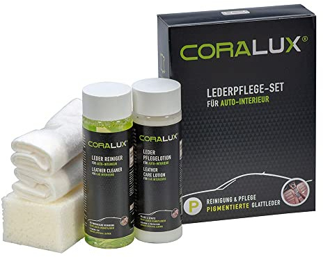 CORALUX 4-Teiliges Lederpflege-Set für Autoleder | je 200 ml Reiniger und Pflegelotion, Schwamm, Tuch