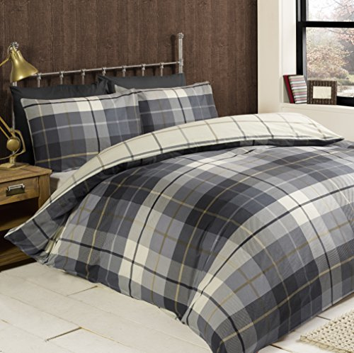 Rapport Home Lomond Check Duvet Cover Set | Premium 100% Brushed Cotton Flannelette Bedding – Ultra Soft, Cosy Warm & Easy Care Superking Blue Plaid Design for Winter Comfort