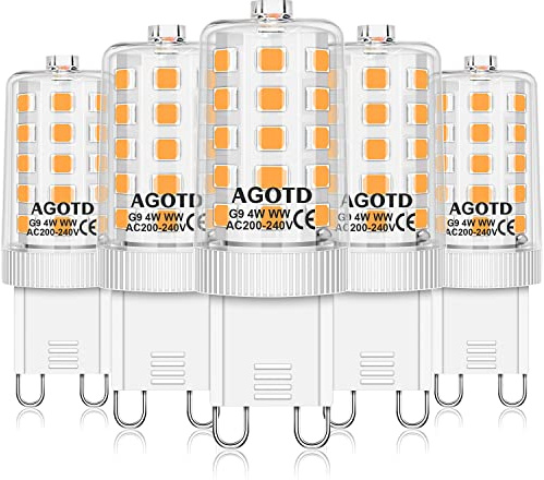 AGOTD 4W G9 LED Lampe, 2700k warmweiß Kein Flackern LED Leuchtmittel, 400 Lumen, Nicht Dimmbar 360 Grad Winkel, Ersatz 40W G9 Halogenlampe, 5er Pack