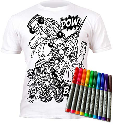 Splat Planet Color-in Superhero Superhelden T-Shirt mit 10 schadstofffreien waschbaren Magic Stiften - Ausmalen und Auswaschen T-Shirt