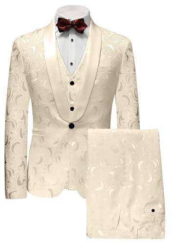 Wemaliyzd Men's 3 Pieces Jacquard Wedding Suit Classic Fit Patterned Blazer Vest Pants FZ004-SPV(Champagne,40R)