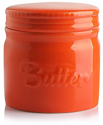 Sweejar Porcelain Butter Keeper Crock, French Butter Dish with Water Line, Ceramic Butter Container for soft butter (Orange)
