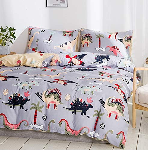 LFVIA Dino Bettwäsche 135x200cm 2Teilig Cartoon Kinder Bettwäsche Dinosaurier Microfaser Bettbezug Dino Muster Grau Gelb Wendebettwäsch mit Reißverschluss und kopfkissenbezug 80x80cm