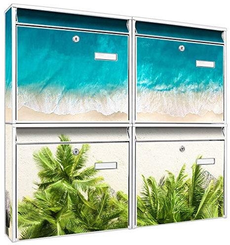 banjado Briefkastenanlage 4 Fach - Postkästen groß - verzinkter Stahl weiß DIN A4 Motiv Strandtag - Briefkasten Set 4 Briefkästen Namensschild, 2 Schlüssel, Montagematerial