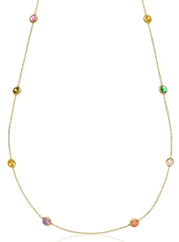 Aka Gioielli® - Damen Halsreif Vergoldetes Sterling Silber 925 mit mehreren Farbige Steine, zarte Station Halskette für Mädchen
