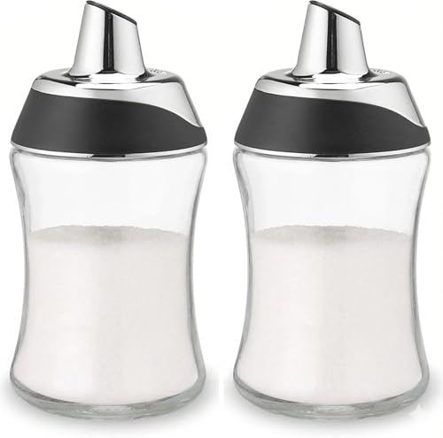J&M Design 2-Pack Sugar Dispenser & Shaker For Coffee, Cereal, Tea & Baking with Pour Spout and Lid for Easy Spoon Measuring Pouring - 7.5oz Glass Jar Container - Coffee Bar Accessories & Essentials