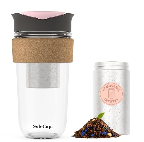 SoleCup. Large Travel Mug Loose Tea Infuser - Detachable Tea Strainer with Spill Proof Lid - 18oz/530ml BPA-Free Reusable Glass Travel Coffee Cup with Cork Band (Grey and Pink, 530ml / 18oz)