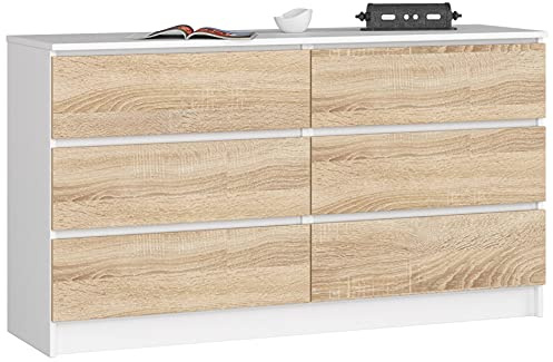 AKORD Cassettiera K 140 cm 6 (2 x 3) Cassetti | Moderna Mobiletto per Soggiorno Sala da Pranzo Camera da Letto | Armadio Cameretta | 138 x 77 x 40 cm | Peso 51kg | Bianco/Rovere Sonoma
