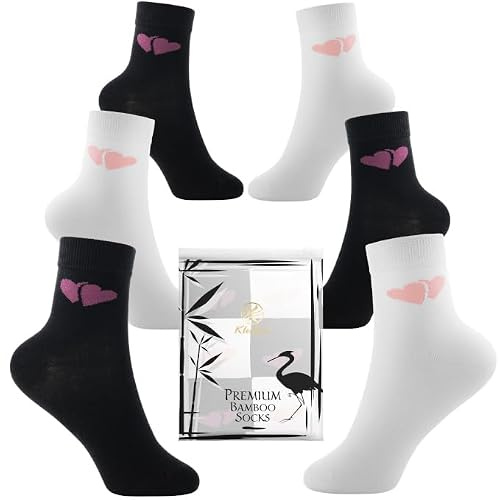 Klenton Calzini in Bambù per Bambina, Traspiranti Calze per Bambina con Motivo a Cuori Carino, Cuciture Piatte, Confezione Ecologica, Confezione da 6, Taglia EU 31-36