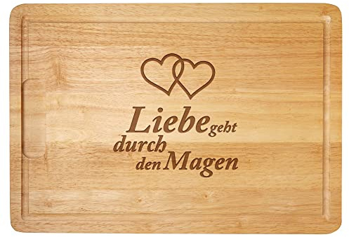 Schneidebrett mit Gravur, Holz Küchenbrett Liebe geht durch den Magen, Großes Grillbrett, Holzbrett mit Saftrille, Brotzeitbrett, Hackbrett, Brotbrett, Stabiles Küchenzubehör, Geburtstagsgeschenk