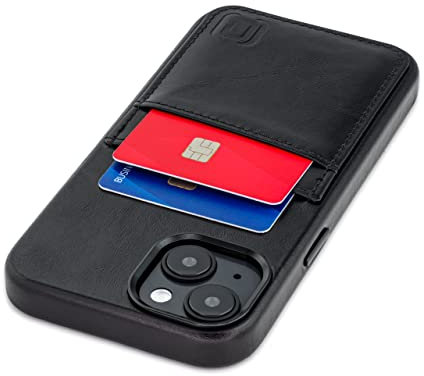 Dockem Echtleder Kartenetui für iPhone 14 mit Kartenfachen und Integrierter Metallplatte zur Magnetischen Befestigung, Aufgenähtes Portemonnaie mit 2 Kreditkartenfächern (Schwarz, M2GL)