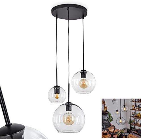 HOFSTEIN Hängeleuchte Koyoto, 3-flammige Hängelampe aus Metall/Glas in Schwarz/Goldfarben/Klar, Pendelleuchte im Retro/Vintage-Design, Ø Schirme 15; 20; 25 cm, E27, Esszimmer, Küche, Wohnzimmer