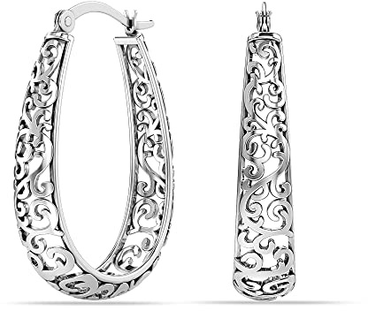 LeCalla 925 Sterling Silber Hoops Ohrring | Damen Filigran Creolen Ohrringe | Openwork Mesh Filigran Cut Earrings | Lightweight & Hypoallergen Vintage Hoop Earring für Frauen