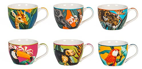 H&H Tropicana Set 6 Tazze Jumbo, in New Bone China, senza piattino, Decori Assortiti, 415cc
