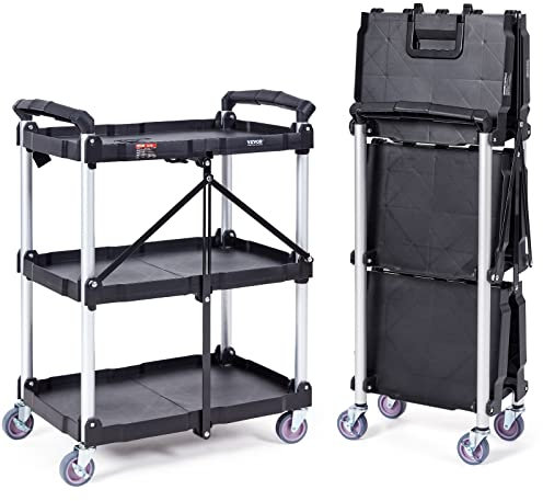 VEVOR Carro de Servicio 65x39x83 cm Carro de Transporte Utilitario Plegable 3 Estantes Capacidad Total 74,8 kg​ 25 kg​/Estante Ruedas Giratorias (2 con Frenos) para Garaje Herramientas Almacén Oficina