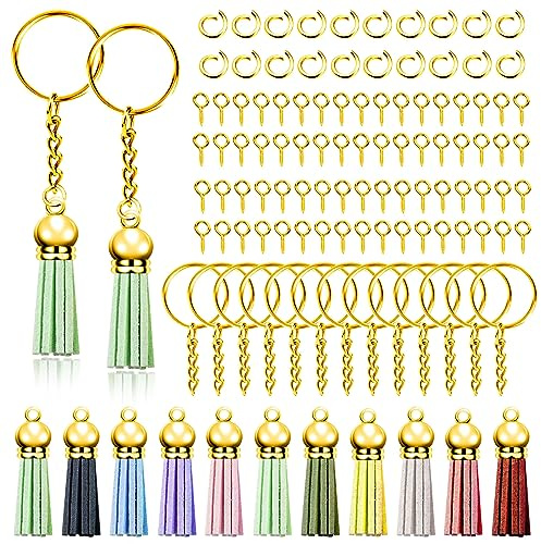 Swpeet Kit de 200 porte-clés dorés avec pompons en vrac, comprend 50 anneaux porte-clés, 50 pompons, 50 anneaux ouverts et 50 épingles à œillet à vis