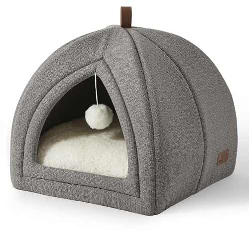 BEDSURE Katzenbett große Katzen Katzenhöhle- 40x40x40 cm Katzenhaus Indoor mit abnehmbarem Sherpa Katzenkissen und hängendem Spielzeug, Katzen Bettchen waschbar, hellgrau