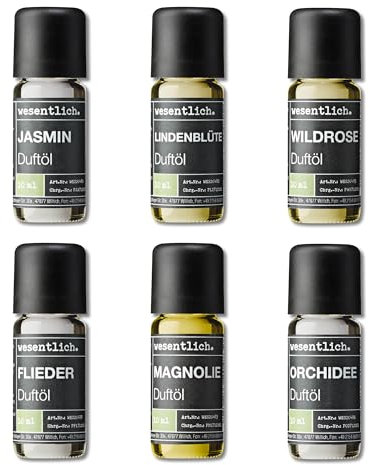 wesentlich. Duftöl Set - harmonische Duftkompositionen für Duftlampe, Diffuser und Kerzen – Jasmin, Lindenblüte, Rose, Flieder, Magnolie, Orchidee