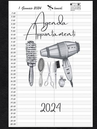 Agenda parrucchieri per appuntamenti 2024: Un giorno per pagina A4 | Intervalli di 30 minuti | 12 mesi da gennaio a dicembre 2024.